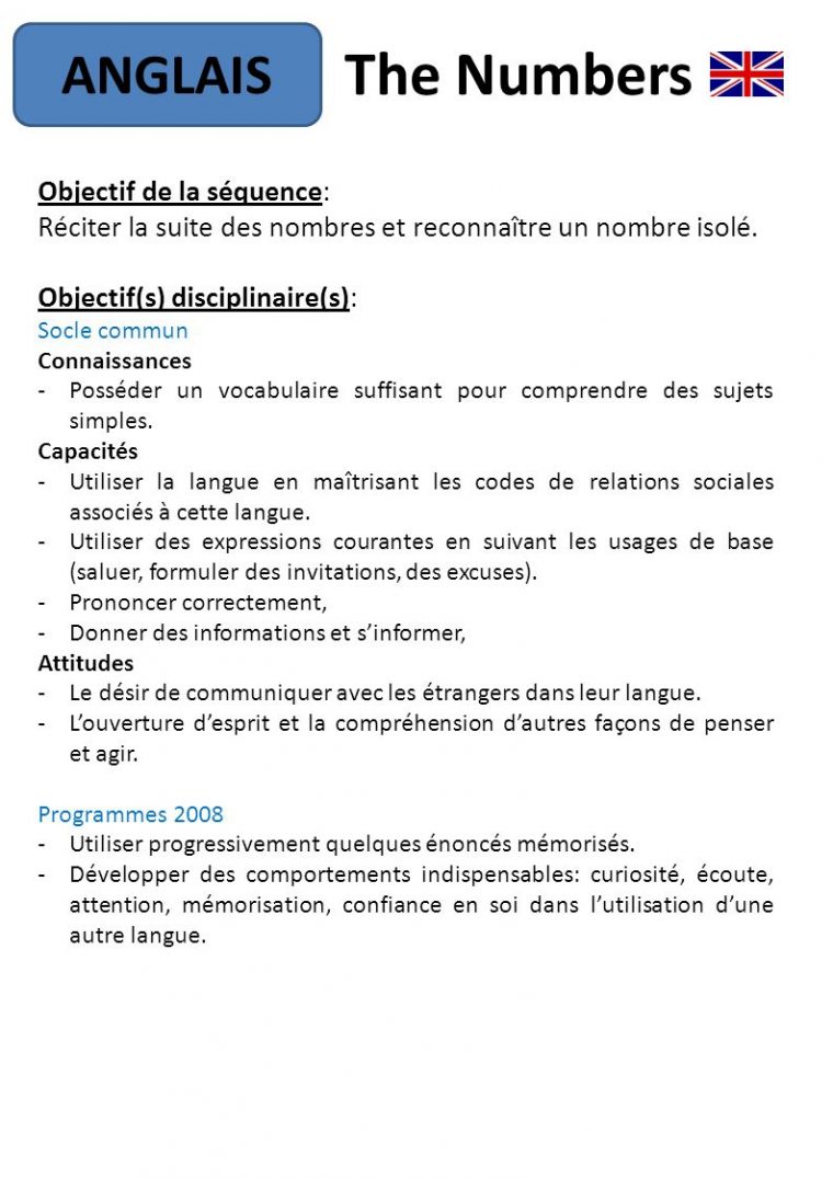 The Numbers Anglais Objectif De La Séquence: – Ppt Télécharger avec Chanson Des Chiffres En Français