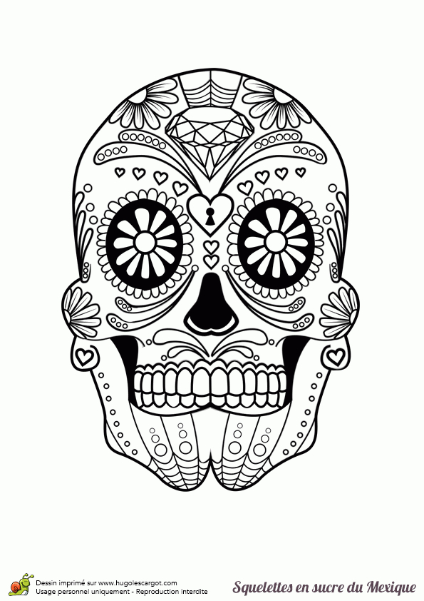 Coloriage Crâne En Sucre Mexicain, Cœur Et Bijoux avec Crane Mexicain Dessin