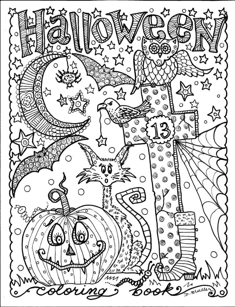 5 Pages Instant Download Halloween Coloring Pages Art To Color/Digital/Digi Stamp/Witch/Cat/Moon à Coloriage Adult