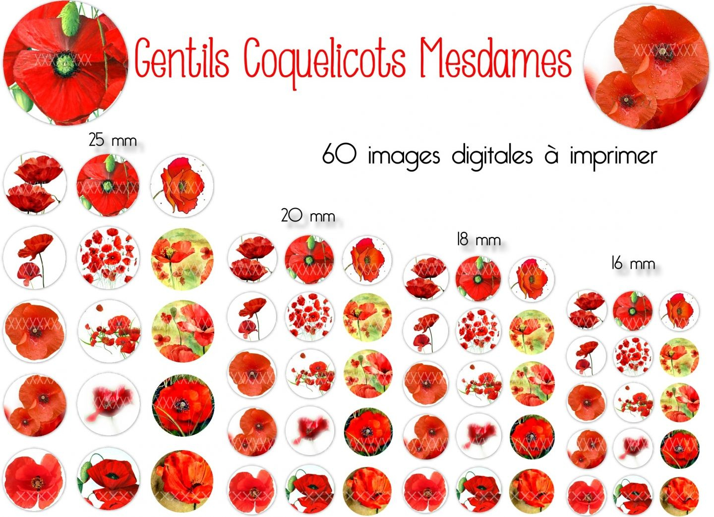 60 Images Digitales Pour Cabochons 25, 20, 18, 16 Mm encequiconcerne