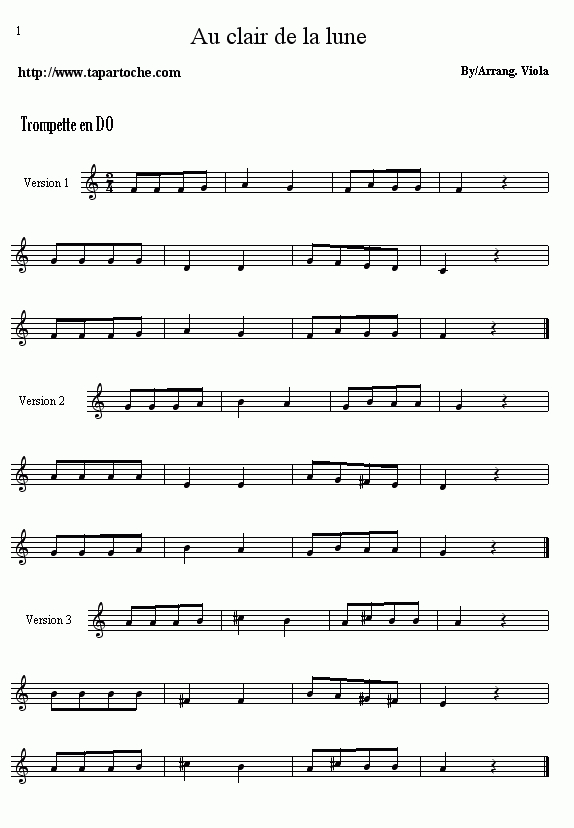 Al Chiaro Di Luna (Tromba) Version 2 encequiconcerne Lyrics Au Clair De La Lune