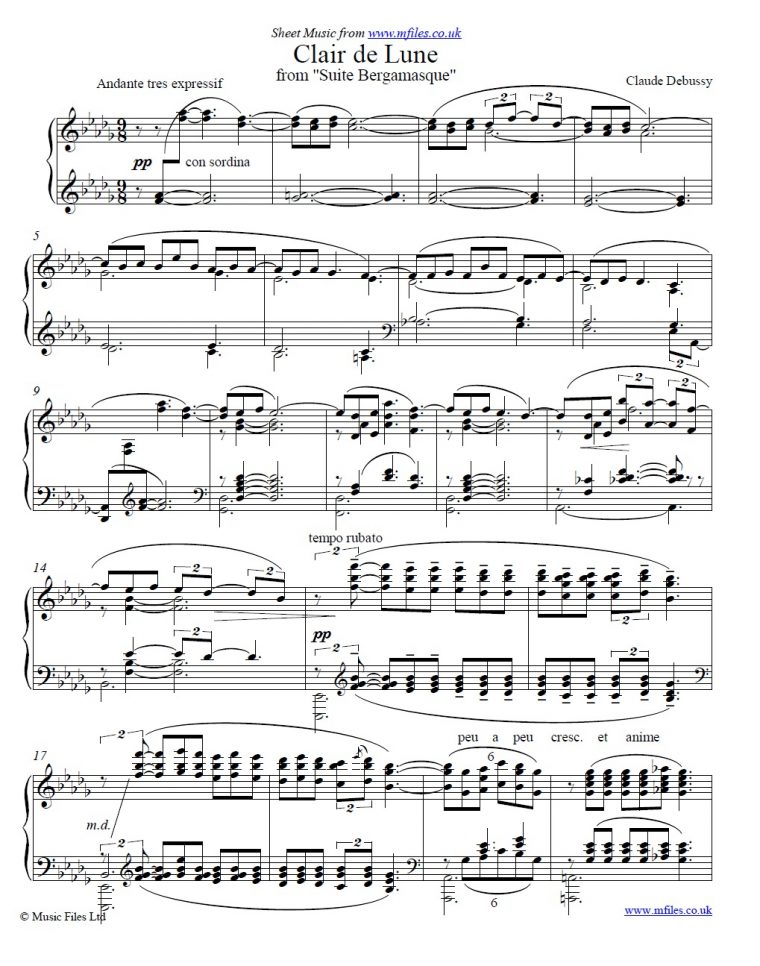 Clair De Lune Sheet Music – Piano – (Pdf) By Claude Debussy à Clair De Lune Debussy