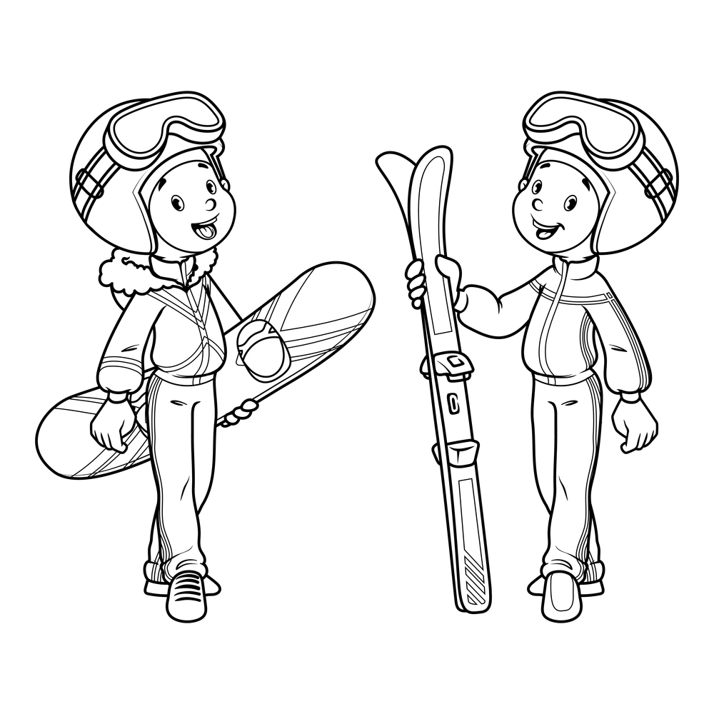 Coloriage À Imprimer : Un Garçon Et Une Fille Vont Skier destiné Déssin A Imprimer