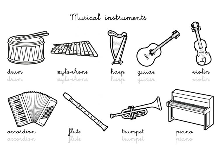 Coloriage-Imagier En Anglais : Musical Instruments Vocabulary à Coloriage Instrument De Musique