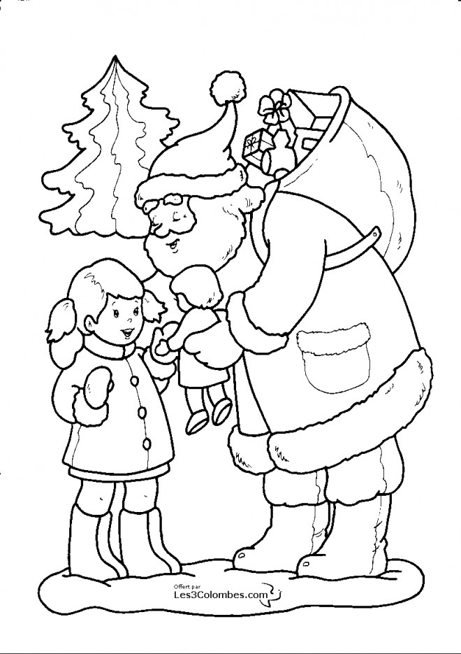 Coloriage Père Noël Offre Un Cadeau À Une Petite Fille concernant Dessin Creche De Noel Gratuit