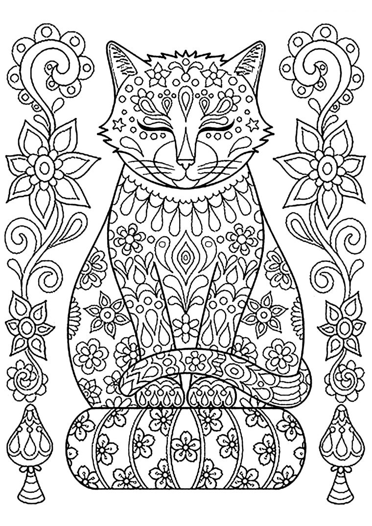 Cute Cat On Pillow With Flowers – Cats Adult Coloring Pages pour Dessin De Chat Simple