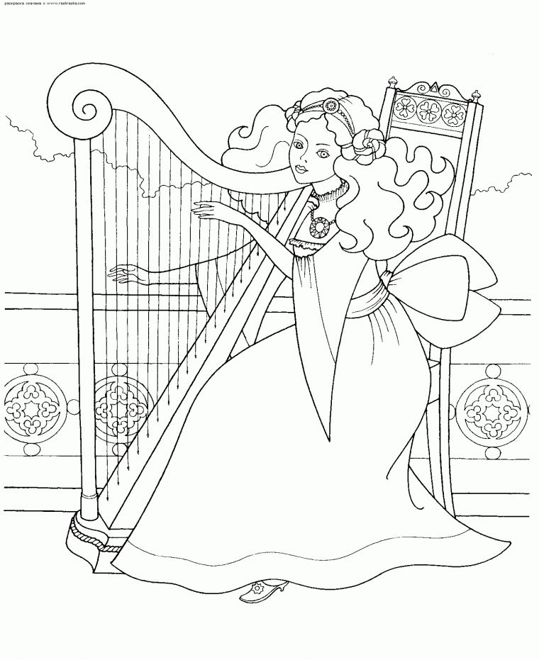 Раскраска Игра На Арфе | Раскраски Принцесс. Разукрашки И serapportantà Dessin Harpe