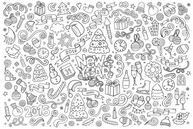 Doodle Happy New Year 2016 – Doodle Art / Doodling Adult destiné Coloriage Poster