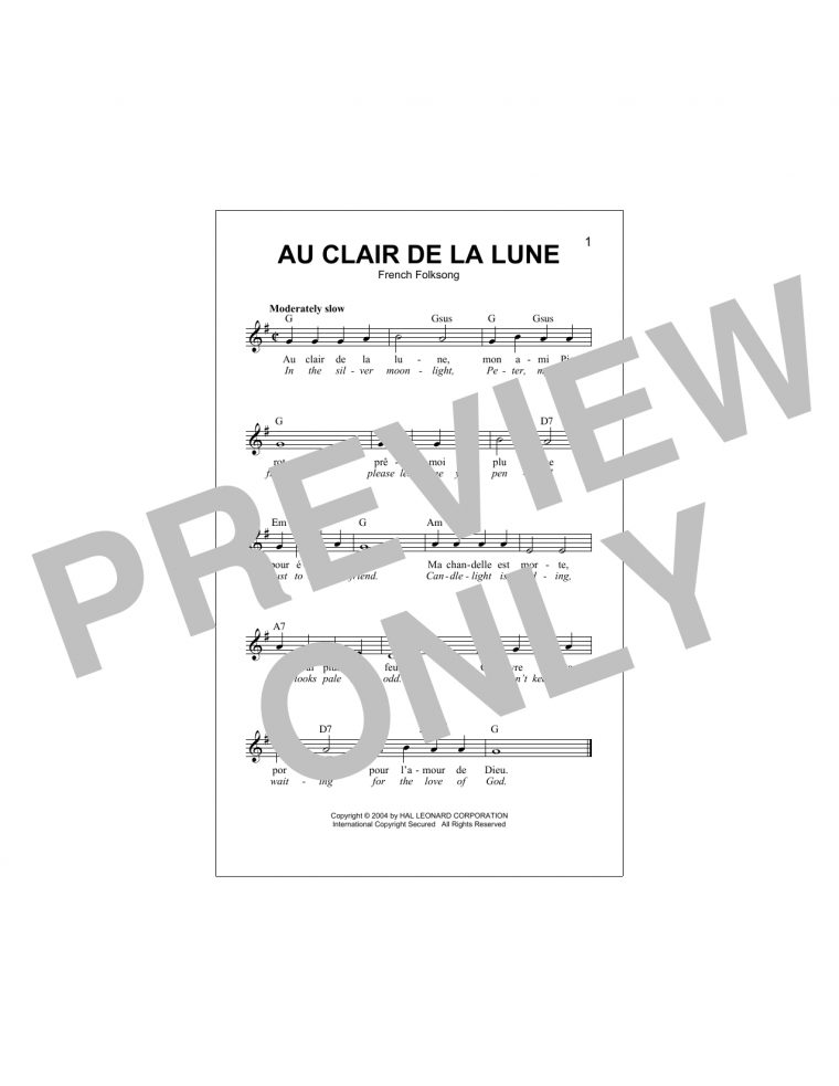 French Folksong – Au Clair De La Lune Sheet Music encequiconcerne Lyrics Oh Clair De La Lune