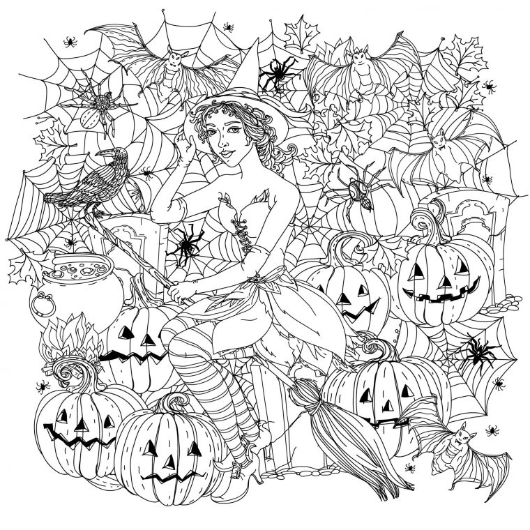 Halloween Witch With Pumpkins - Halloween Adult Coloring Pages concernant Coloriage Adult