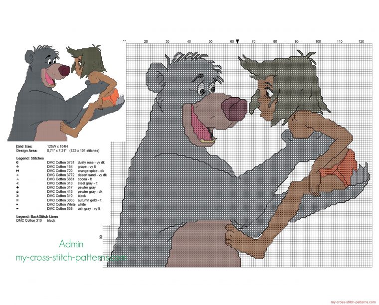 Mowgli Et Baloo Le Livre De La Jungle Grille Point De encequiconcerne Pixel Art Livre De Coloriage Numéroté