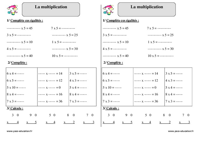 Multiplication - Ce1 - Exercices À Imprimer - Cycle 2 pour Exercice Table De Multiplication A Imprimer Gratuitement