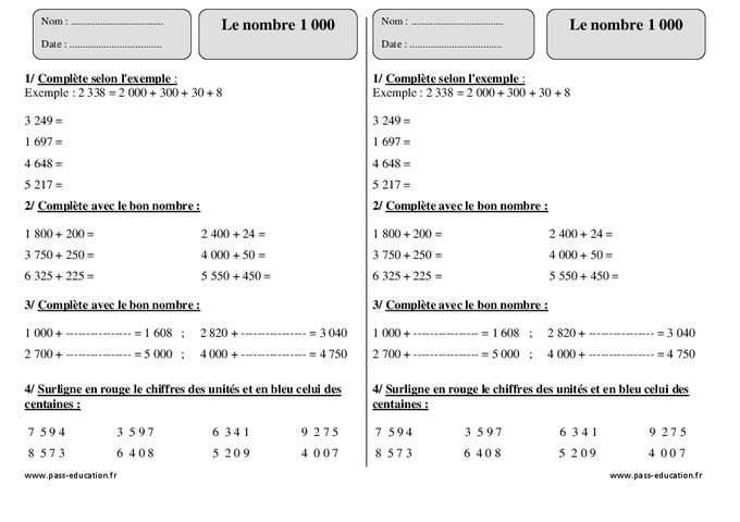 Nombre 1 000 – Ce2 – Exercices À Imprimer – Pass Education avec Nombre Pair Et Impair Ce2 A Colorier