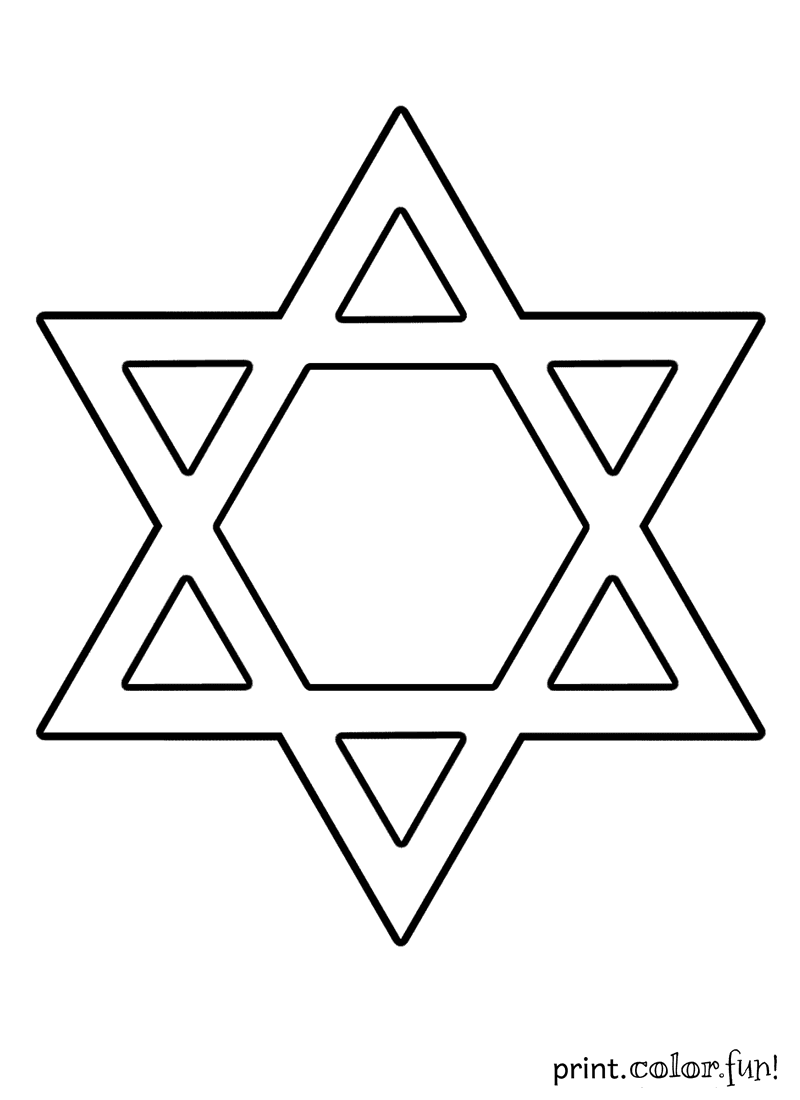 Six pointed jewish star outline shape drawing, printable coloring sheet. Star of David coloring page - Print. Color. Fun!
