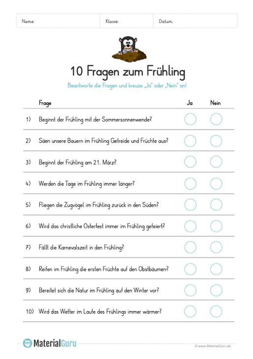 Arbeitsblatt: 10 Fragen Zum Frühling | Lernen concernant Quizfragen Für Kinder