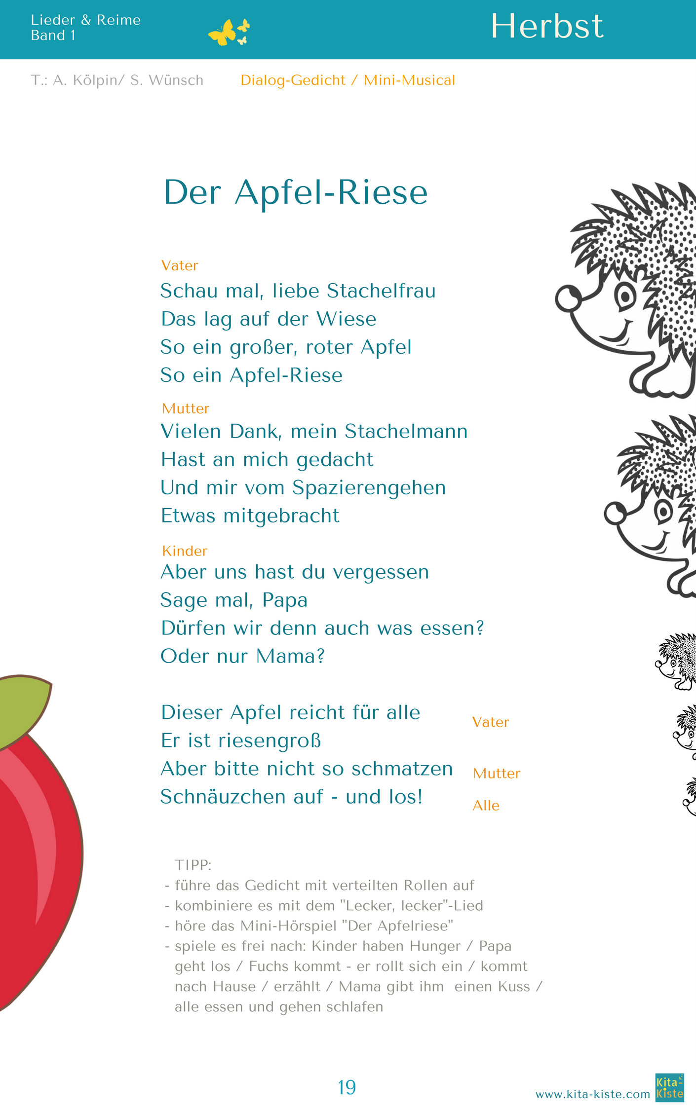 Der Apfelriese - Igel-Gedicht Kindergarten | Gedichte Für concernant Fingerspiel Igel Kindergarten