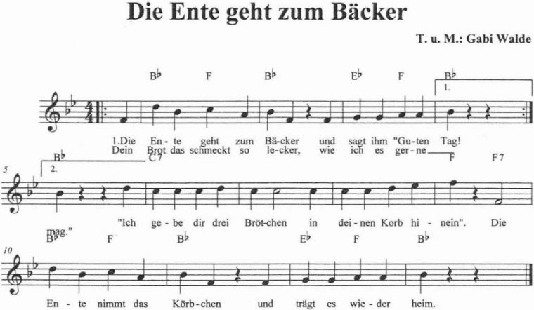 Die Ente Geht Zum Bäcker – Text Noten Download pour Sommerlieder Kindergarten