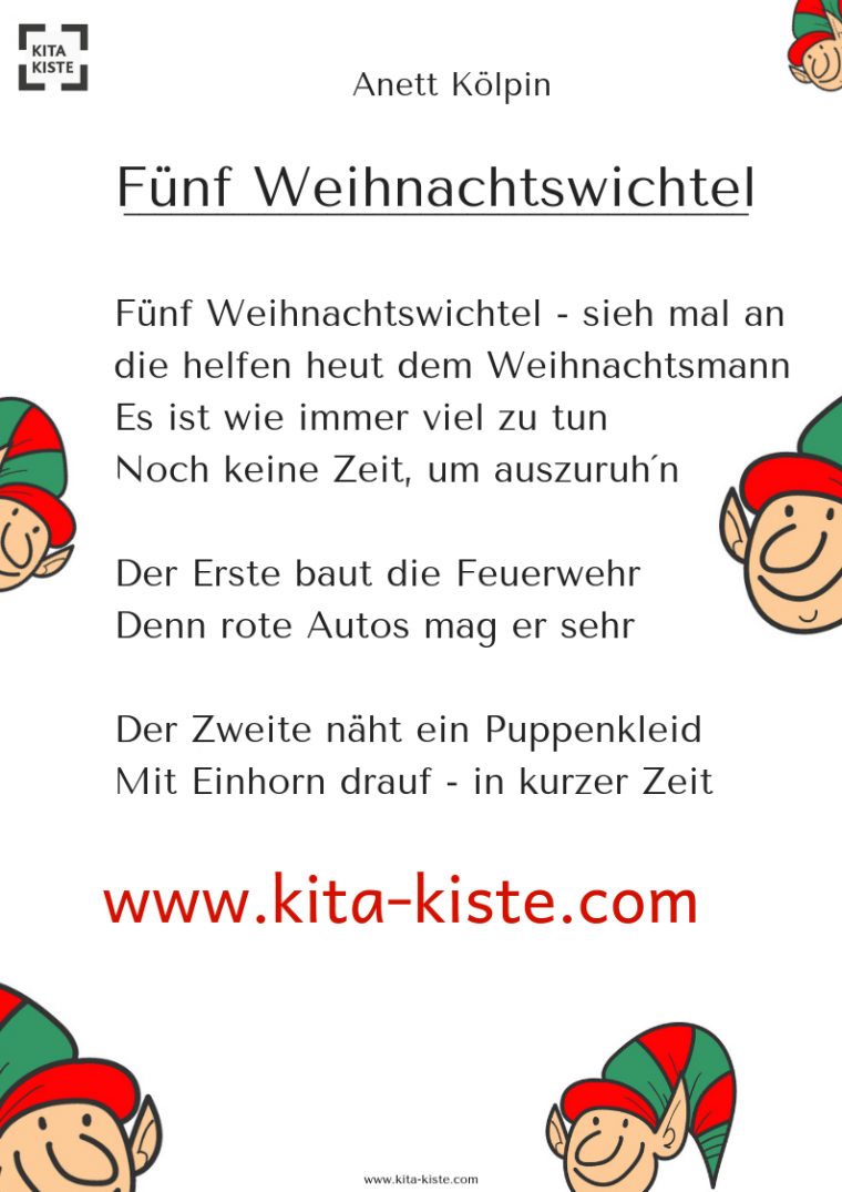 Fünf Weihnachtswichtel – Fingerspiel Kindergarten avec Weihnachtsgedicht Kinder