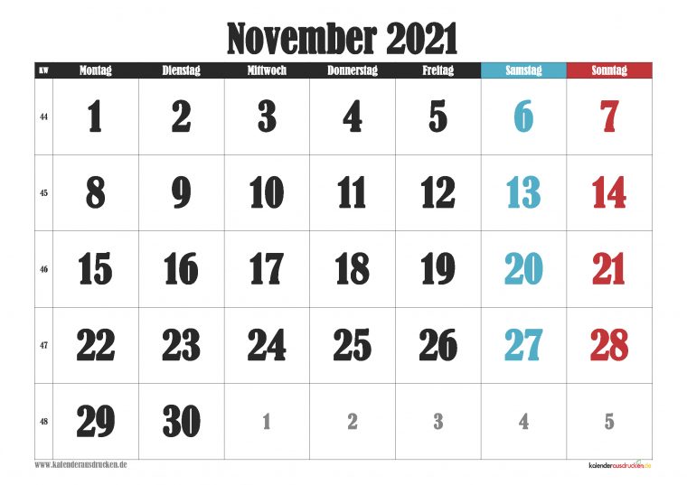 Kalender November 2021 Zum Ausdrucken Kostenlos – Kalender avec Eigenen Kalender Drucken