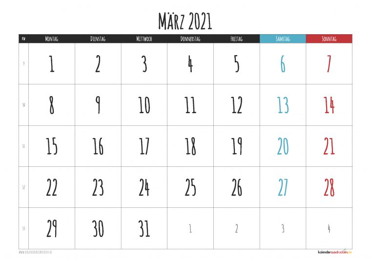 Monatskalender März 2021 Zum Ausdrucken Kostenlos dedans Eigenen Kalender Drucken