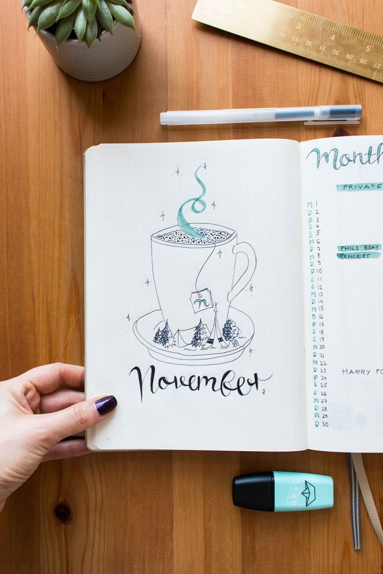 Bullet Journal Cover Page November – Tea Line Drawing à Deckblatt Selbst Gestalten