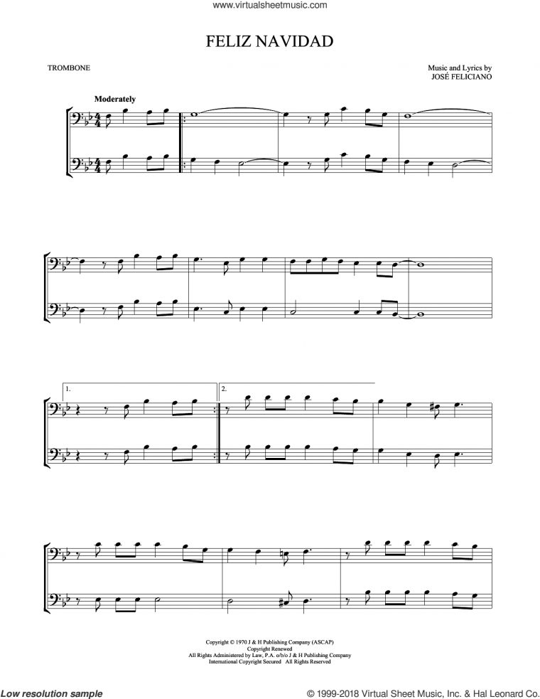 Feliciano – Feliz Navidad Sheet Music For Two Trombones destiné Feliz Navidad Noten