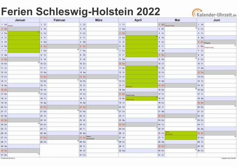 Ferien Schleswig-Holstein 2022 – Ferienkalender Zum Ausdrucken pour Kalender Zum Ausdrucken