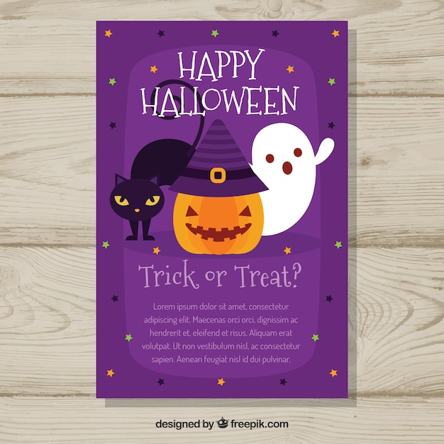 Halloween-Karte Mit Katze, Geist Und Kürbis | Kostenlose à Kürbis Einladungskarte