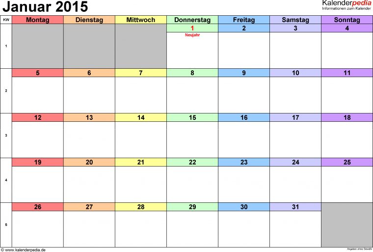 Kalender Januar 2015 Als Excel-Vorlagen | Editable serapportantà Wochenkalender 2015 Zum Ausdrucken