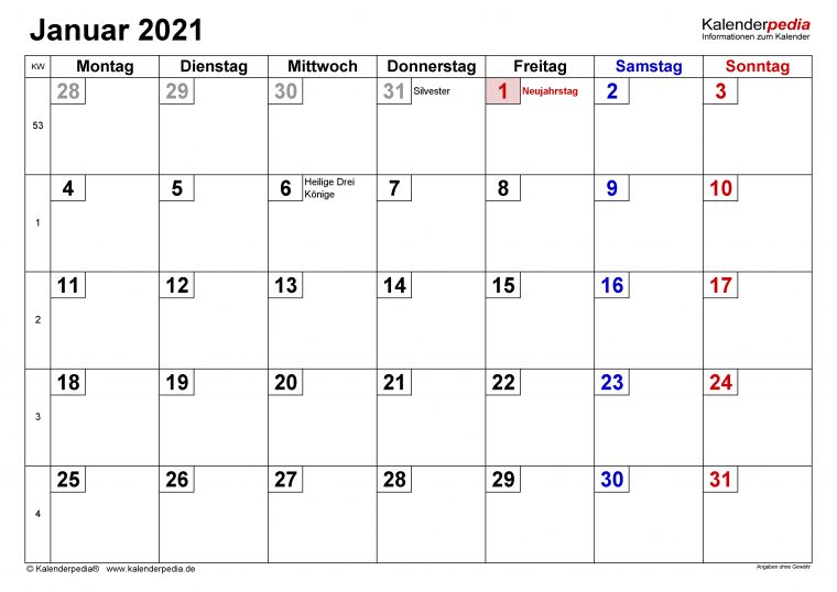 Kalender Januar 2021 Als Pdf-Vorlagen serapportantà Kalender Zum Eintragen