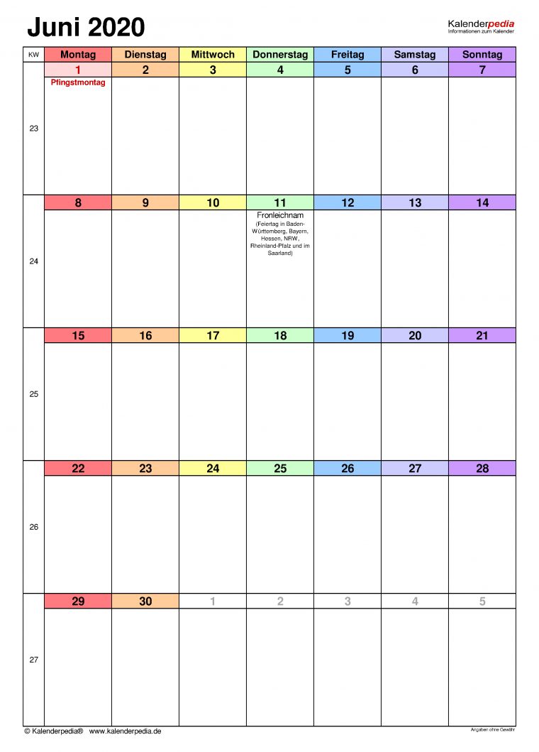Kalender Juni 2020 Als Pdf-Vorlagen dedans Monatsplaner Kostenlos
