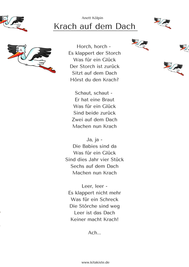 "Krach Auf Dem Dach" Storch-Gedicht Kindergarten Kitakiste destiné Lustige Kindergedichte