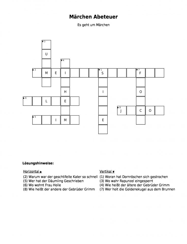 Kreuzworträtsel "Märchen Abeteuer" Als Pdf (Arbeitsblatt encequiconcerne Kreuzworträtsel Für Schüler