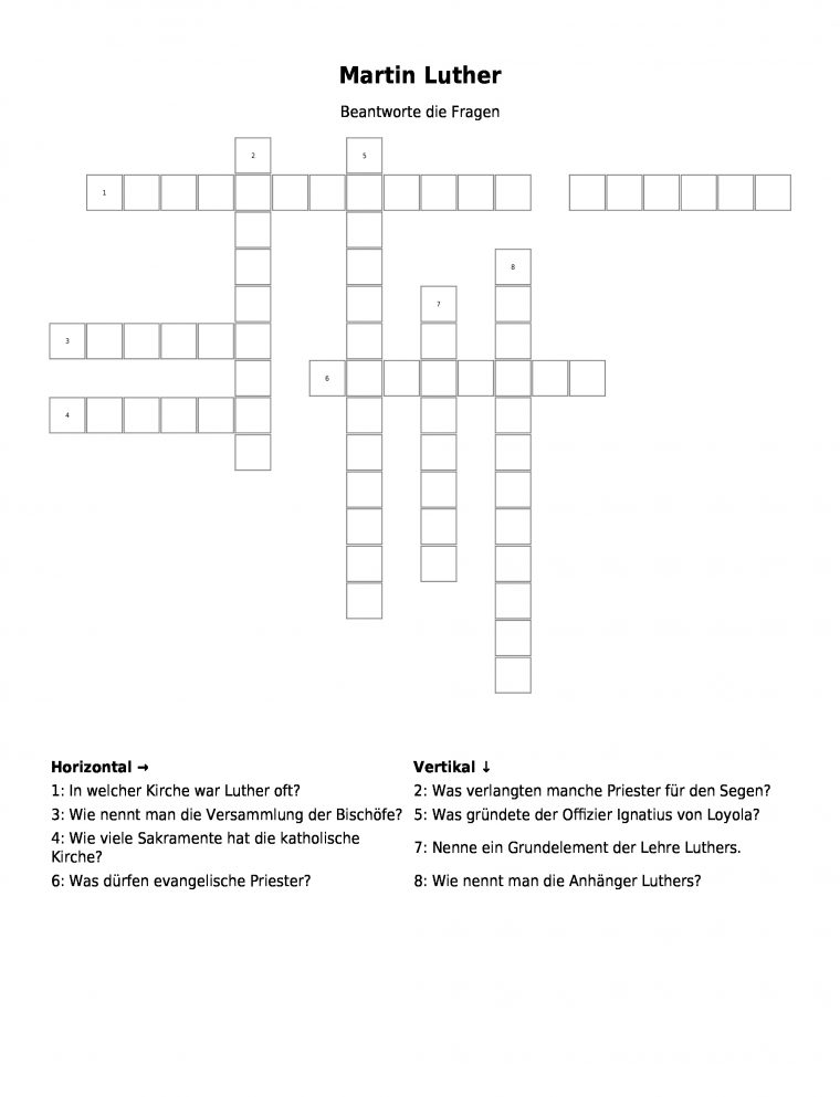 Kreuzworträtsel "Martin Luther" Als Pdf (Arbeitsblatt dedans Martin Luther Fragen
