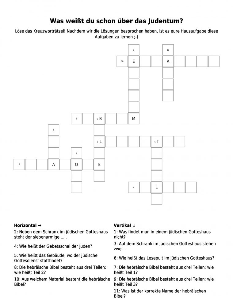Kreuzworträtsel "Was Weißt Du Schon Über Das Judentum dedans Judentum Grundschule