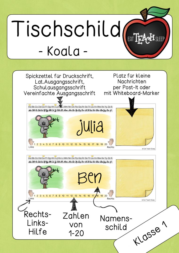 Tischhelferlein-Koala | Erste Klasse Unterricht, Erste pour Namensschilder Grundschule
