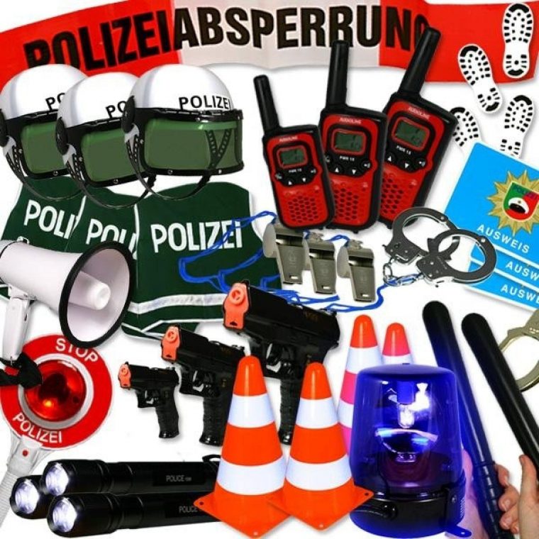 Verleihkiste Polizei: Blaulicht, Handschellen, Polizeihelm avec Polizei Party Kindergeburtstag Spiele