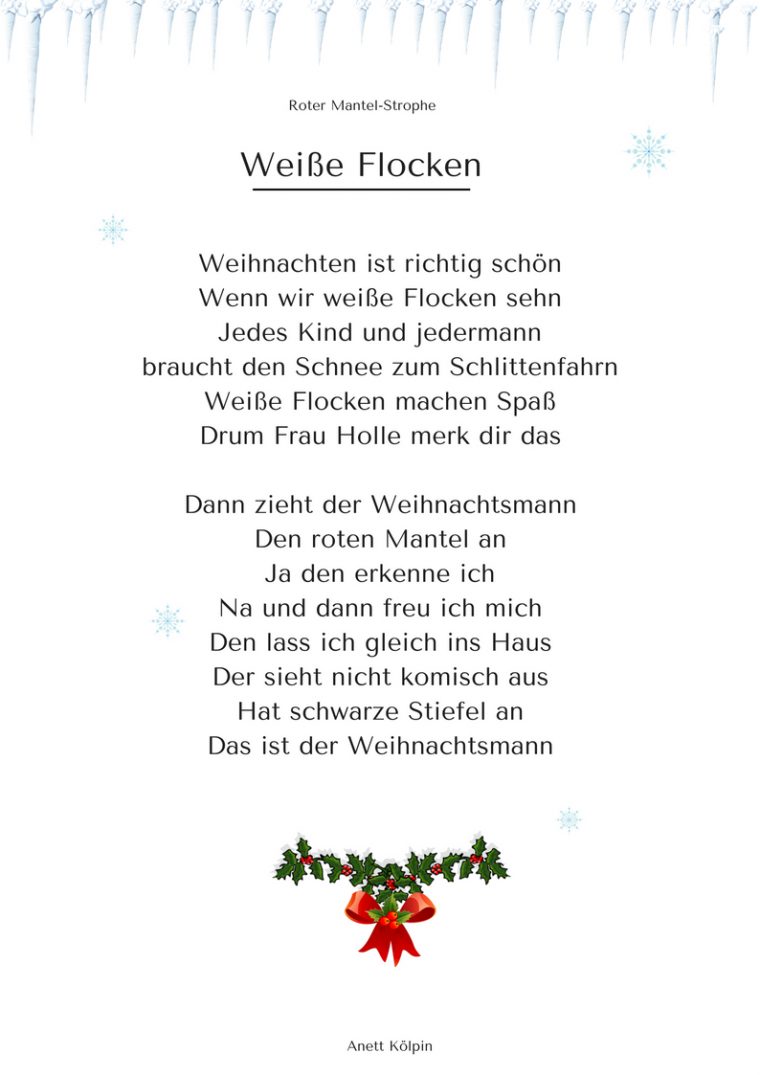 "Weiße Flocken" – Lied / Reim Advent | Weihnachtsgedichte tout Weihnachtsgeschichte Für Kleinkinder