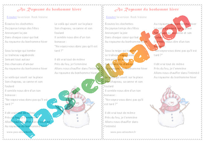 Au Royaume Du Bonhomme Hiver – Chanson De Noël – Cycle 2 destiné Le Petit Bonhomme Au Chapeau Pointu Lyrics