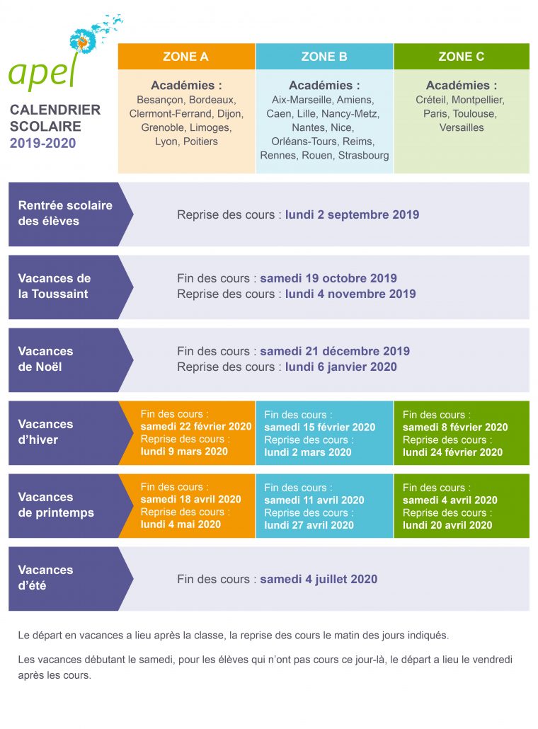 Calendrier Des Vacances Scolaires 2019-2020 – Apel avec Vacances 2019 2019