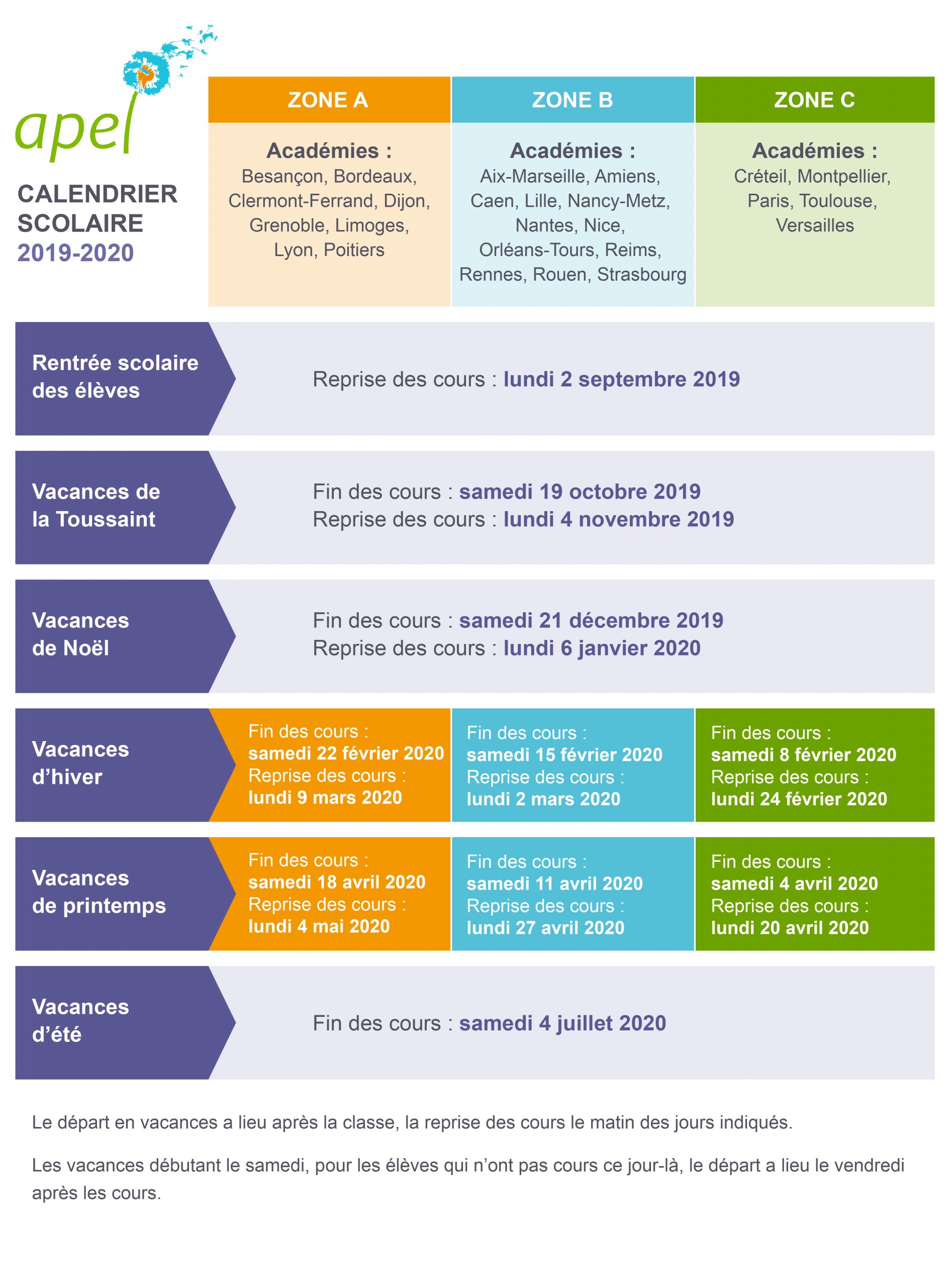 Calendrier Des Vacances Scolaires 2019-2020 - Apel avec Vacances 2019 2019
