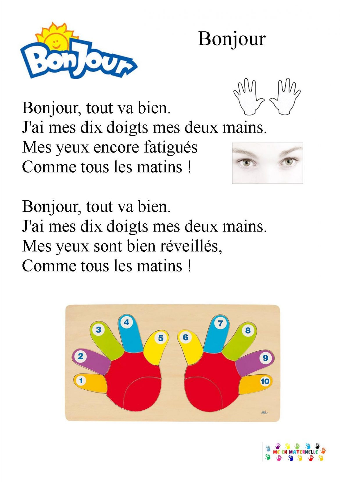 Chansons/Comptines - Page 2 - Mc En Maternelle destiné Bonjour Monsieur Comment Ca Va Paroles