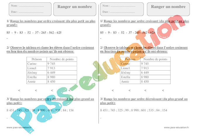 Comparer, Ranger : Ce2 – Cycle 2 – Exercice Évaluation à Exercice Pair Impair Ce2