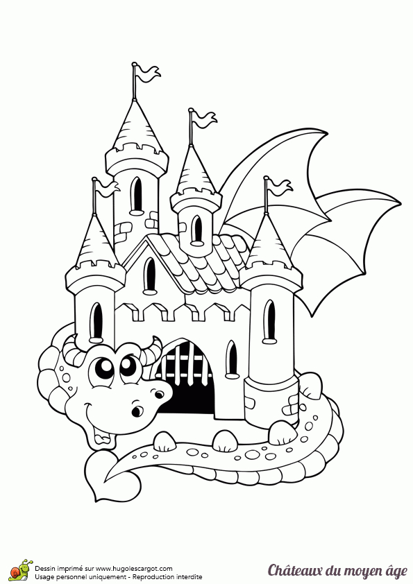 Dessin À Colorier D'Un Château Du Moyen Âge Avec Un Dragon destiné Information Sur Les Dragons Deau A Inprimer