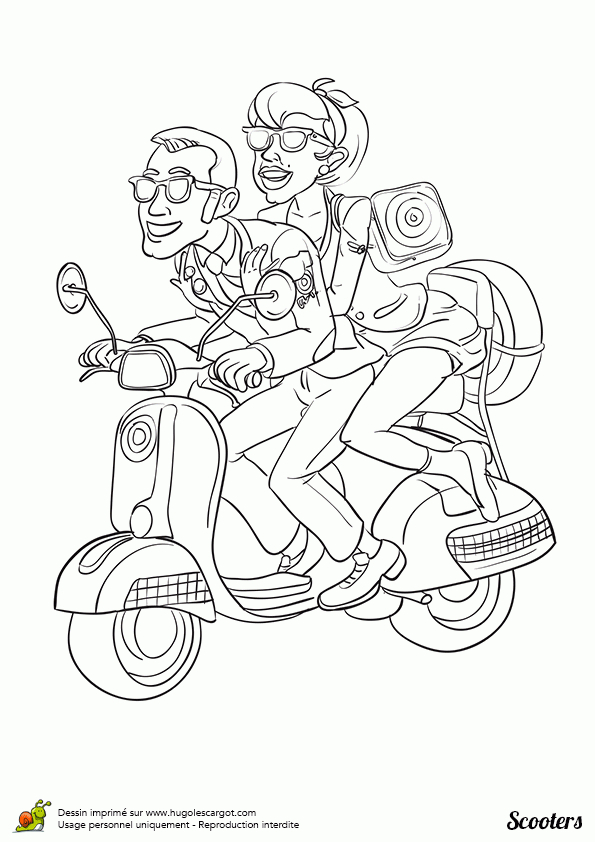 Dessin À Colorier D'Un Couple En Scooter | Coloriage Moto pour Hugo L'Escargot Dessin Casque Moto
