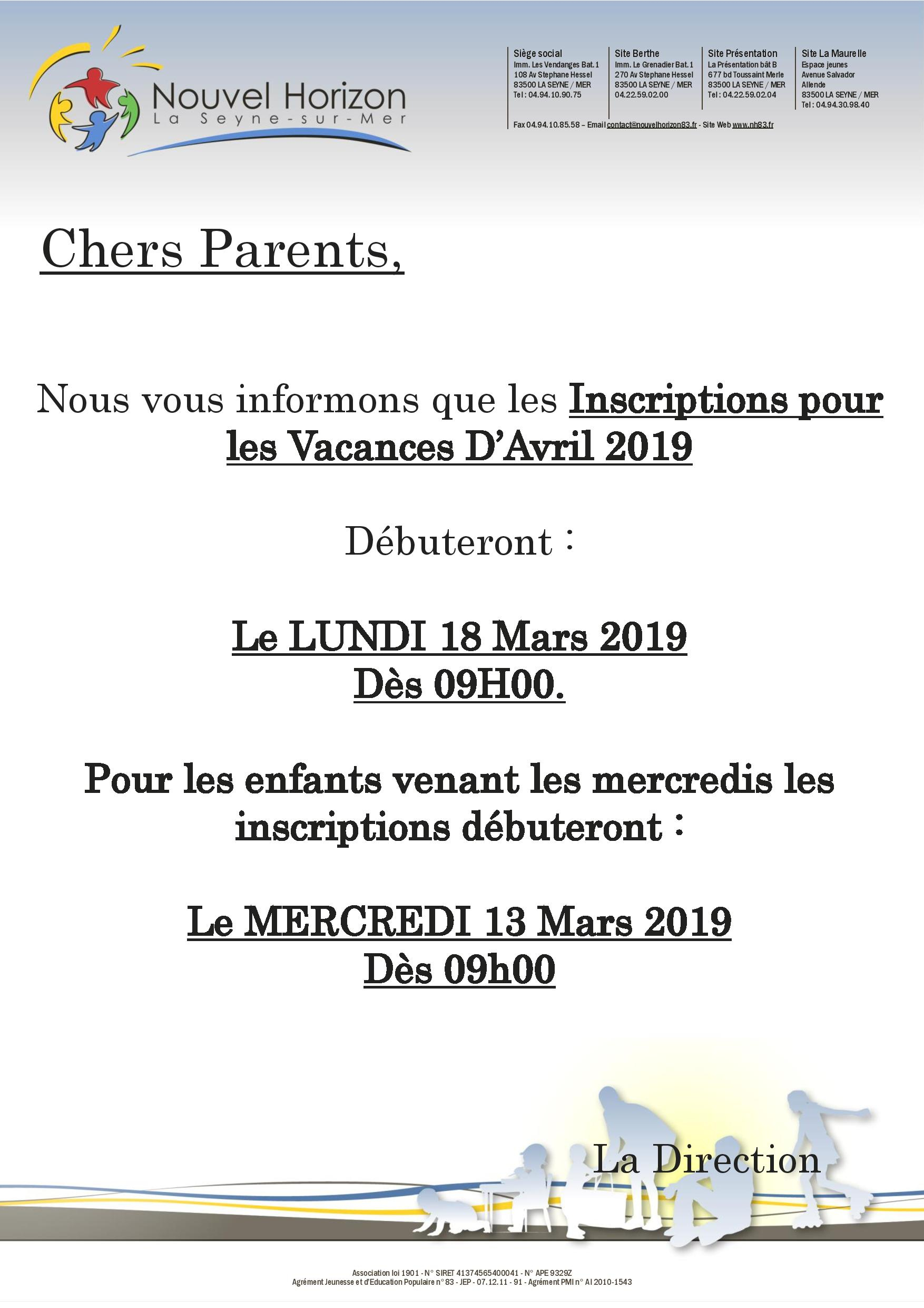 Inscription Pour Les Vacances D'Avril 2019 | Association intérieur Vacances 2019 2019