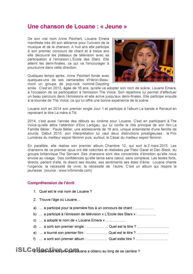 "Jeune", Une Chanson De Louane | Chanson, Compréhension De intérieur Cds Francaise Avec Les Paroles Imprimer