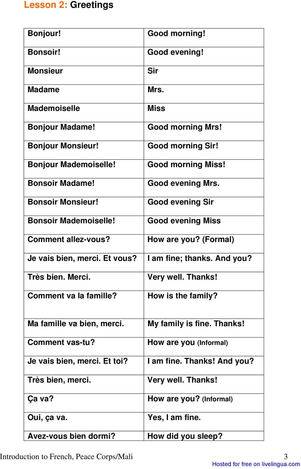 Mali French Language Lessons - Pdf Free Download Intérieur tout Monsieur Commant Ca Va