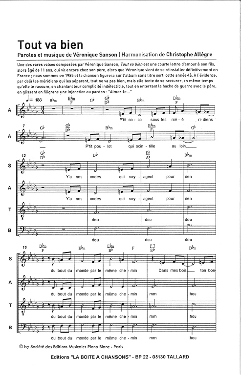 Partition De Musique, Éditeur De Partitions Pour Chorale intérieur Paroles Et Musique De La Chanson Nga¢Y Vá»