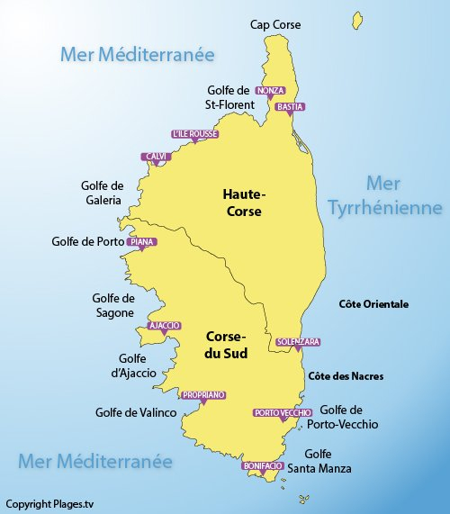 Plages En Corse – Liste Des Stations Balnéaires De La tout La Carte De La Corse Entierement Detaillee